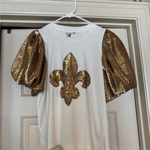 Queen of Sparkles Saints Gold Sequin Puff Sleeve Fleur-de-Lis Top